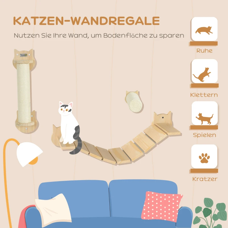 PawHut 3-teiliges Katzenkletter-Set, wandmontierter Katzenbaum mit Kratzpfosten, Stufe, Leiter, Naturholz