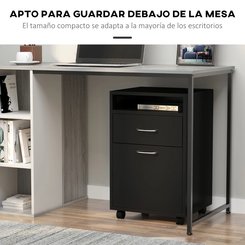 HOMCOM Cajonera de Oficina Móvil con Cajón y Armario con Ruedas Soporte de Impresora para Estudio 40x35x60 cm Negro