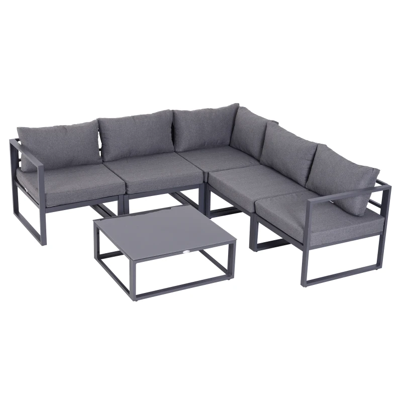 Outsunny 6-tlg. Gartengarnitur Gartenset Gartensofaset Sitzgruppe Gartenmöbel Alu+ Polyester + Hartglas Grau 4 x Sessel 1 x Ecksofa 1 x Beistelltisch Kissen für 4–5 Personen