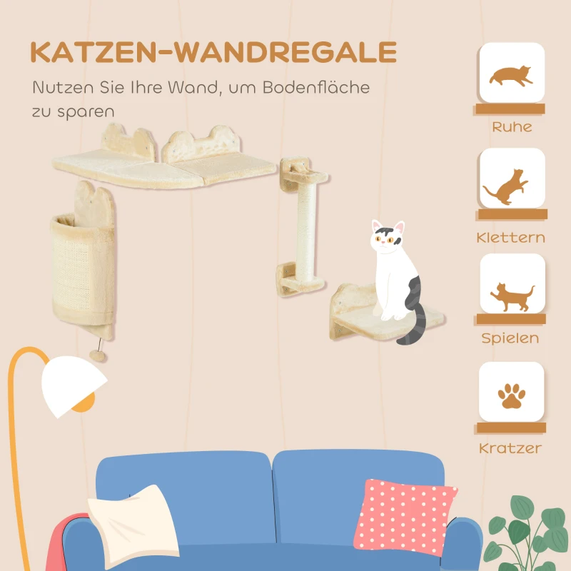 PawHut Katzentreppen-Set, 4-teilig, Kletterwand, Kratzbaum, Plüschbezug/Sisal, Beige