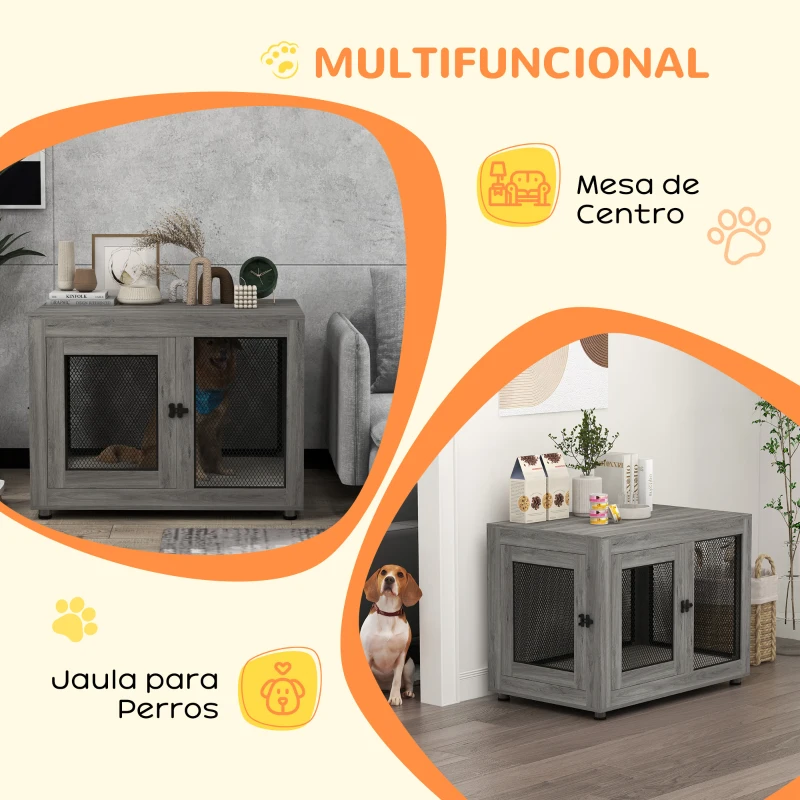 PawHut Jaula para Perros Grandes de Interior Mesa Auxiliar con 2 Puertas con Pestillo y Cojín 94x60x71,5 cm Gris