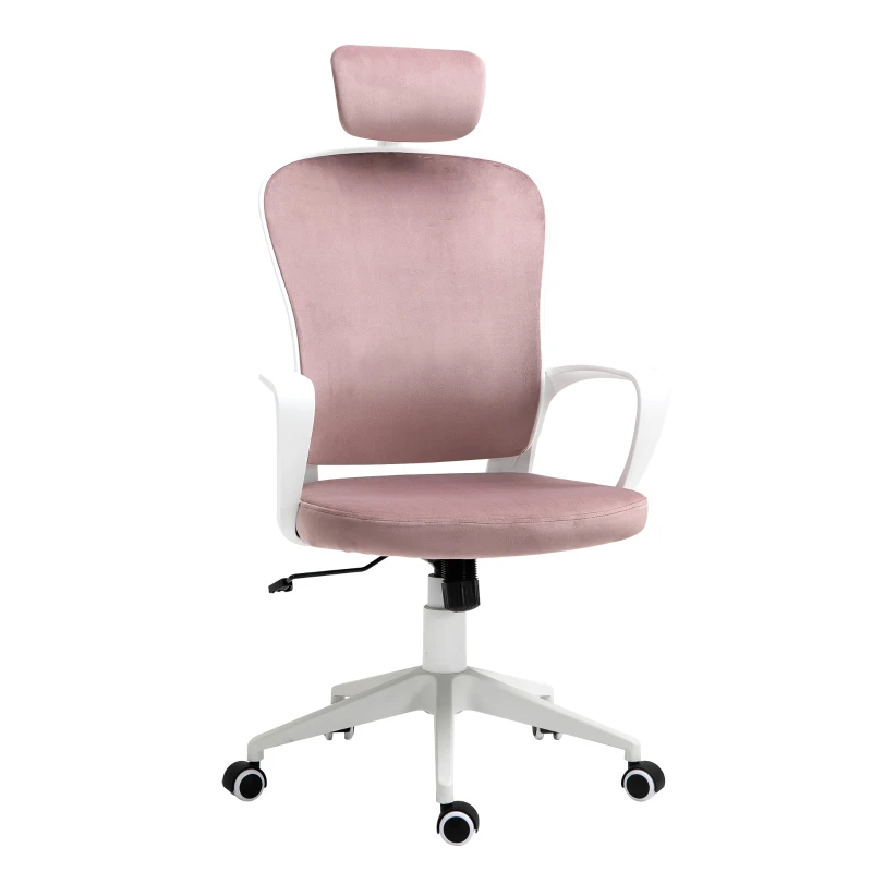 Vinsetto Office Chair, Ergonomic Desk Chair, High Back Velvet Fabric Computer Chair with Adjustable & Liftable Headrest for Home, Pink