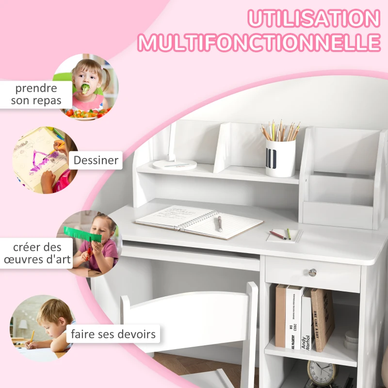 ZONEKIZ Bureau enfant avec chaise ergonomique avec clavier coulissant tiroir niches et étagères ouvertes 90 x 45 x 90 cm blanc