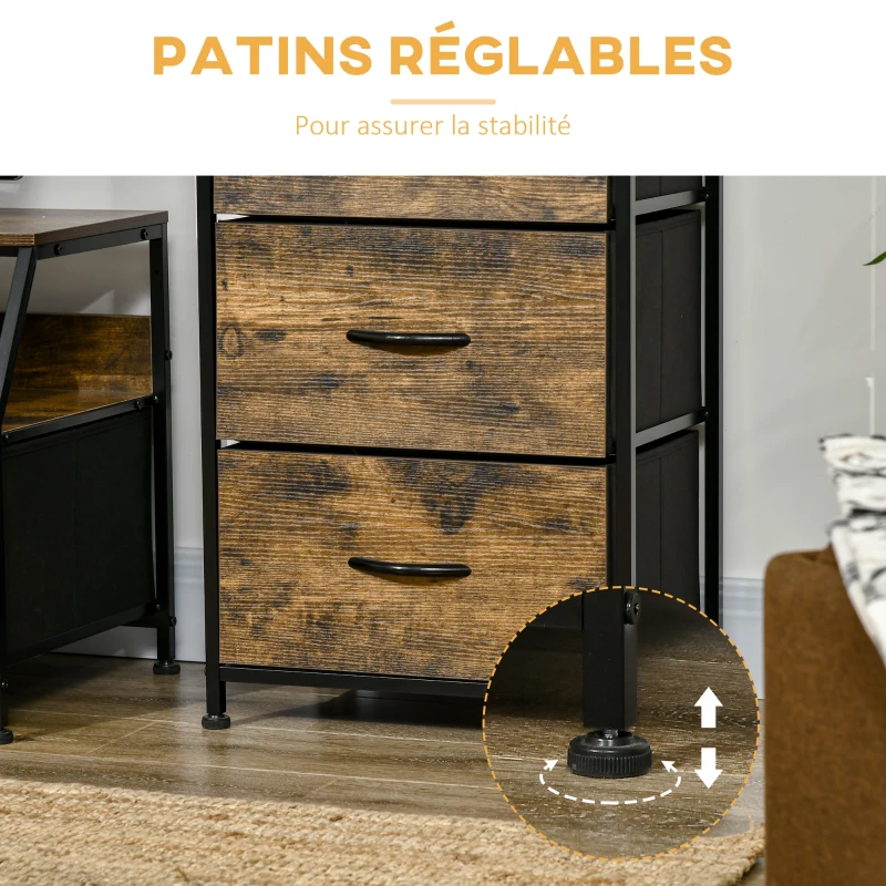HOMCOM Meuble de rangement style industriel commode 3 tiroirs en tissu amovibles et 2 étagères - 44 x 29 x 92 cm - bois et métal