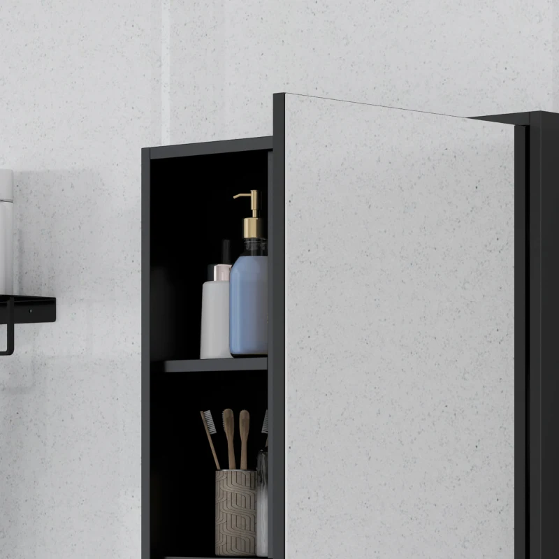 kleankin Armadietto Bagno con Specchio, Ripiani e Scaffale Regolabile, Montaggio a Parete, 60x15x76cm, Nero