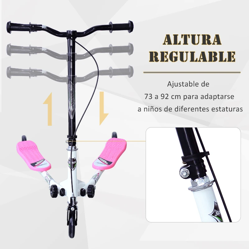 HOMCOM Patinete Scooter de 3 Ruedas Plegable Scooter de Oscilación Reductor para Niños +4 Años con Freno Manillar Ajustable Carga 50 kg 91x60x80cm Marco Acero Rosa