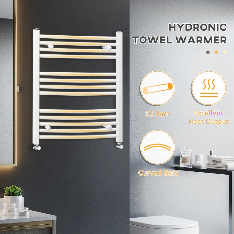 HOMCOM Curved Heated Towel Rail, Hydronic Bathroom Ladder Radiator Towel Warmer For Central Heating 600mm x 700mm, White