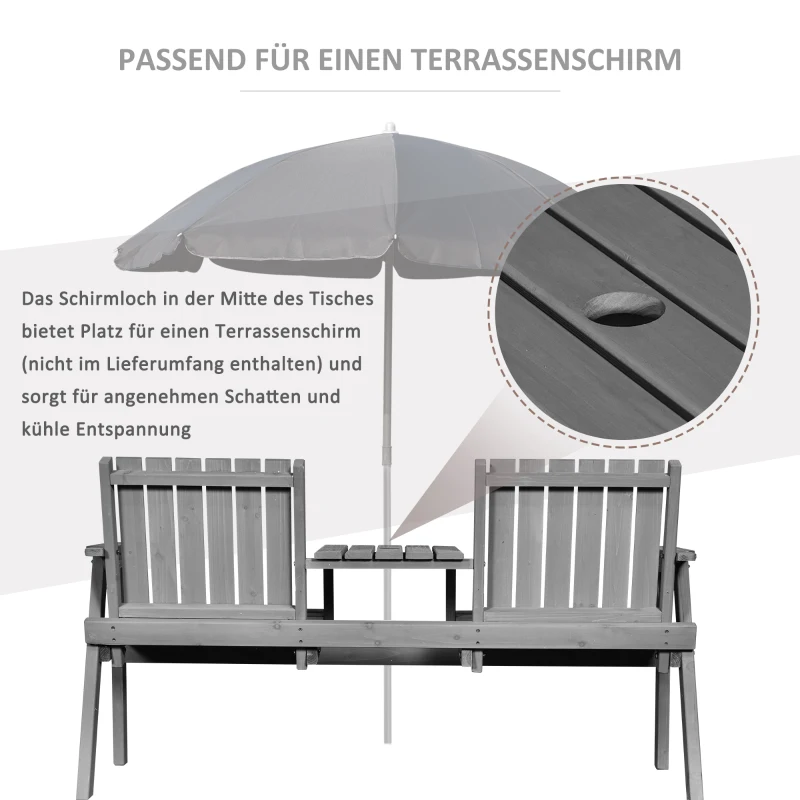 Outsunny Gartenbank mit Tisch, Sitzgruppe, Gartenmöbel, mit Regenschirmloch, Sitzbank, 2 Stühle, Massivholz, Grau, 152 x 70 x 83 cm