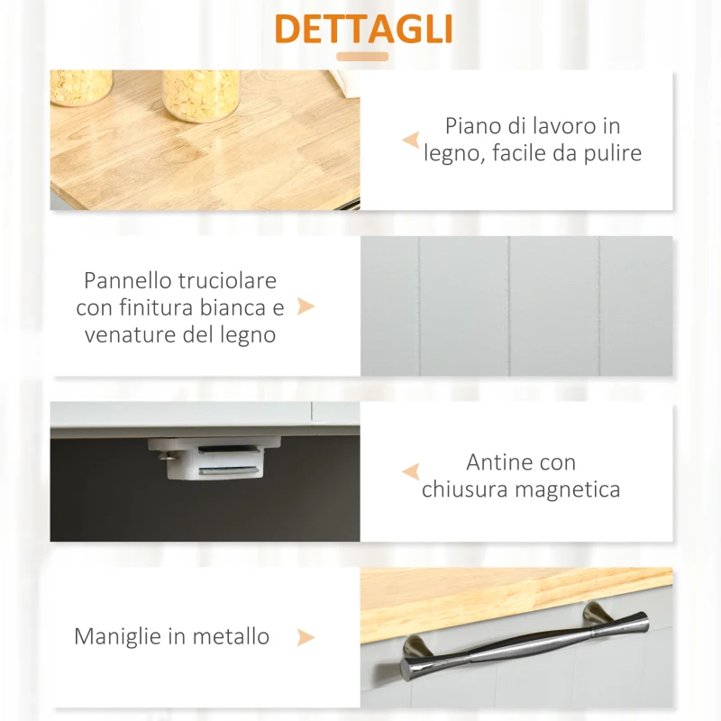 HOMCOM Carrello da Cucina Multiuso in Legno con 2 Cassetti, Armadietto e 4 Ruote, 104x46x91cm, Grigio