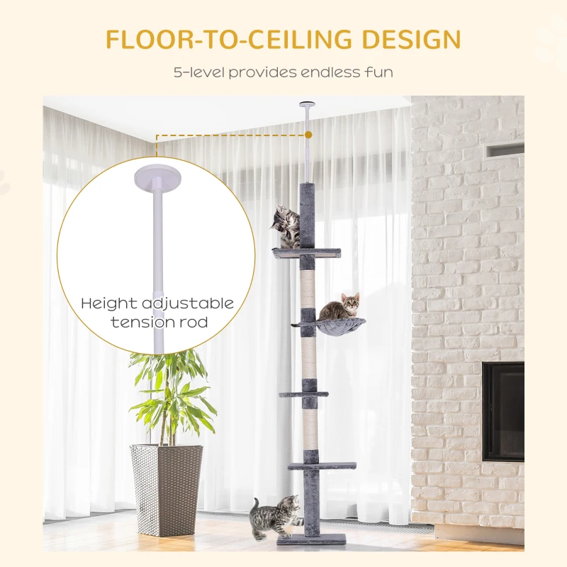 PawHut Floor to Ceiling Cat Tree Height Adjustable 230-260cm, 5-Tier Cat Tower with Scratching Post, Hammock, Perches, Climbing Activity Centre for Indoor Kittens, Grey