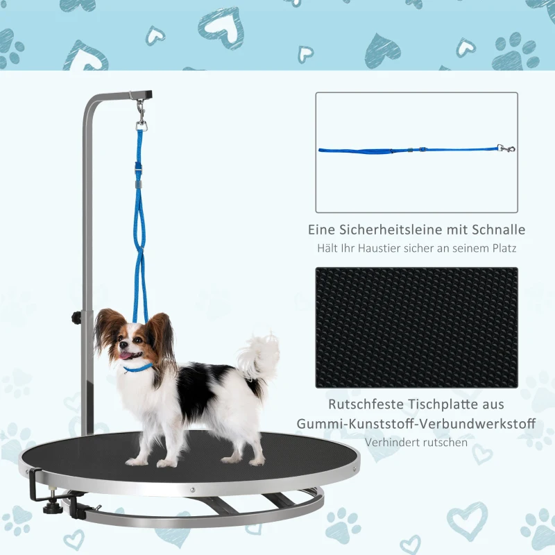 PawHut Hund Trimmtisch Tierpflegetisch drehbar trocknen Tabelle mit verstellbaren Arm rutschfeste Tischplatte Verriegelungssystem Aluminium-Legierung Rand Edelstahl Rahmen Sicherheit Leine Ø65x H10