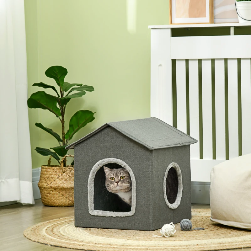 PawHut Casa para Gatos Cueva para Gatos con 2 Puertas y Cojín Lavable 39x43,5x40,5 cm Gris