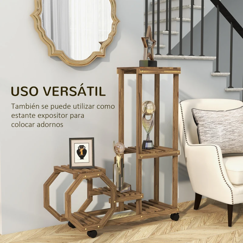 Outsunny Soporte para Plantas con Ruedas Soporte para Macetas de 5 Niveles de Madera Uso Interno Externo 86x30x102 cm Carbonizado