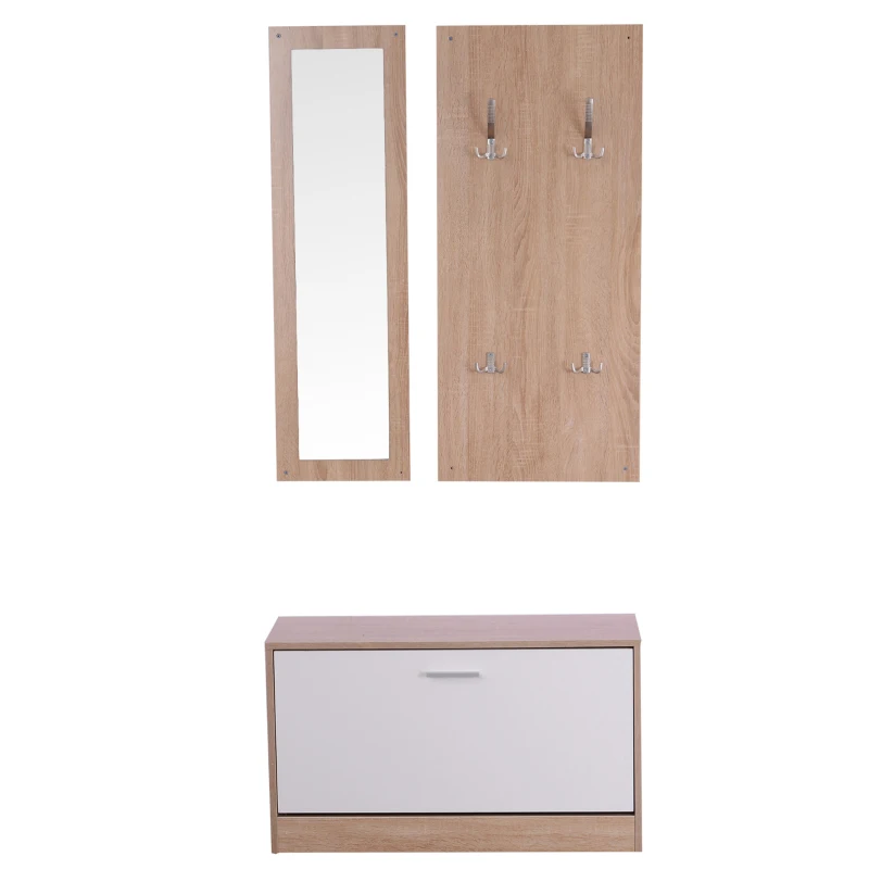 HOMCOM Conjunto de Muebles de Entrada Recibidor Pasillo Set de 3 Piezas Zapatero Espejo Perchero con 4 Ganchos para Colgar Ropa 80x27x46,5cm Madera