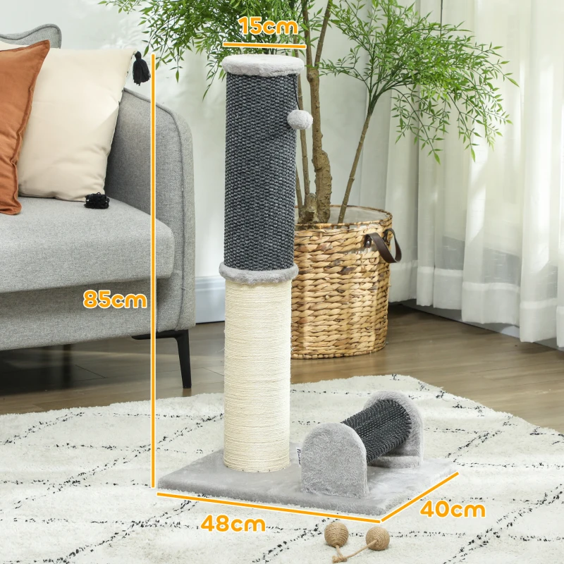PawHut Poste Rascador para Gatos Arañador de Sisal con Cepillo de Auto Acicalado y Bola de Juguete 40x48x85 cm Gris y Crema