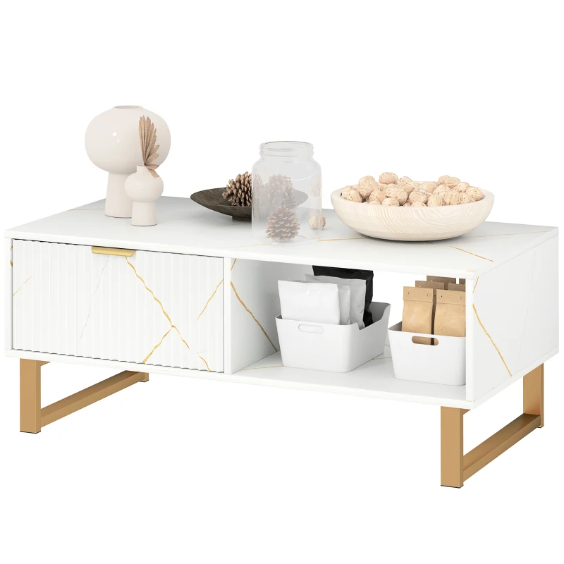 HOMCOM Elegant Marble Effect Storage Coffee Table - White