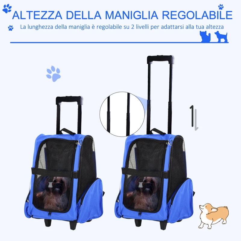 PawHut Trasportino Zaino 2 in 1 per Cani e Gatti con Tasche Laterali, Maniglia Telescopica e Ruote, 42x25x55cm, Azzurro