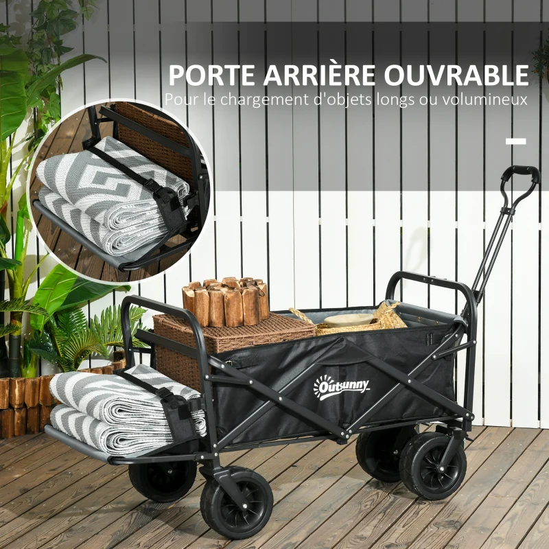 Outsunny Chariot de Jardin Pliable 4 Roues poignée télescopique Inclinaison réglable, porte arrière ouvrable, noir