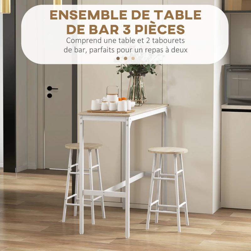 HOMCOM Ensemble table haute de bar + 2 tabourets structure en acier plateau aspect bois naturel 2 personnes blanc