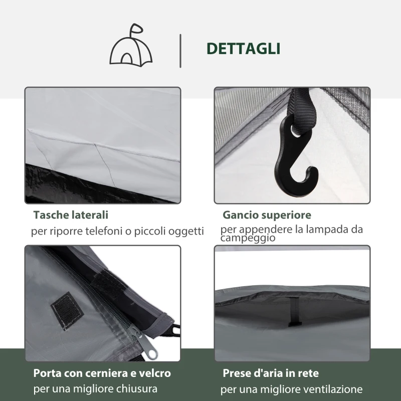 Outsunny Tenda da Campeggio 2 Posti Impermeabile con Vestibolo, Finestre e Porte con Cerniera, 325x183x130cm Grigio