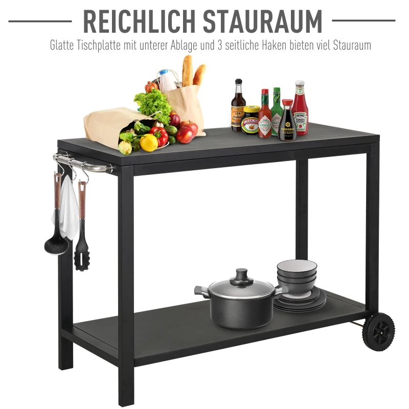 HOMCOM Küchenwagen mit Rollen, Servierwagen, Rollwagen mit Haken und Edelstahlgriffe, Küchentrolley, Schwarz, 135 x 46,5 x 86,5 cm