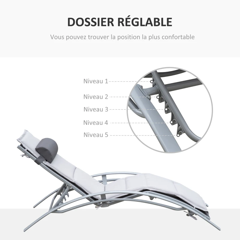 Outsunny Bain de Soleil transat de jardin chaise longue Design Contemporain inclinable Multi-Positions avec Matelas et tétière dim. 170L x 64l x 82H cm alu textilène Gris