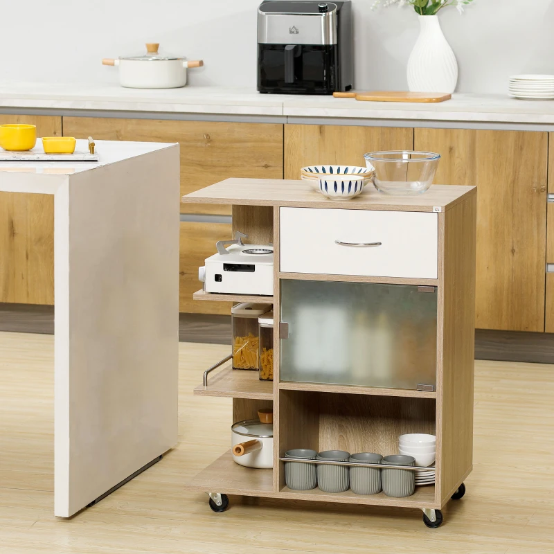 HOMCOM Carrello da Cucina Portavivande con Cassetto, Ripiani e Armadietto in Legno, Acciaio e Vetro, 65x39x80cm