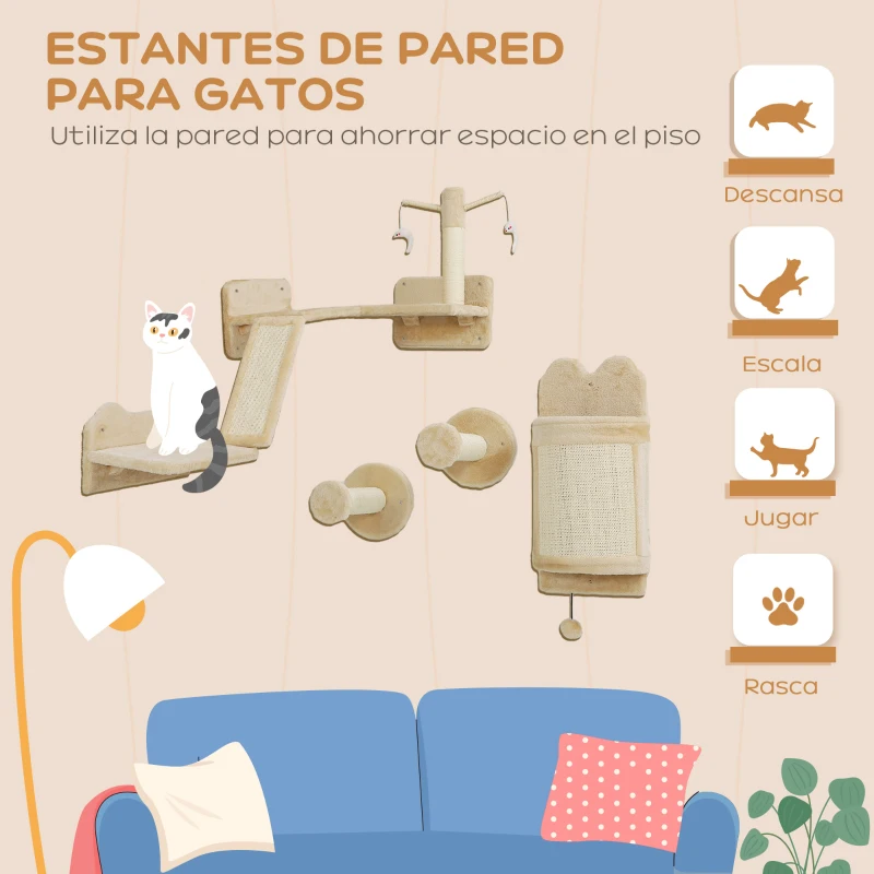 PawHut Rascador de Pared para Gatos de 4 Piezas con Postes de Sisal Plataforma para Saltar Bola de Juguete Beige