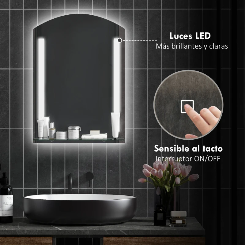 kleankin Espejo de Baño con Luces LED 70x50 cm Interruptor Táctil Iluminación Regulable y Estante de Vidrio Plata