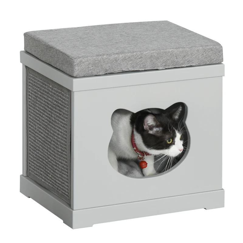 PawHut Cat House Bed Cat Scratching Cube for Small Cat Pet Furniture with Removable Scratching Pad and Soft Cushion Grey