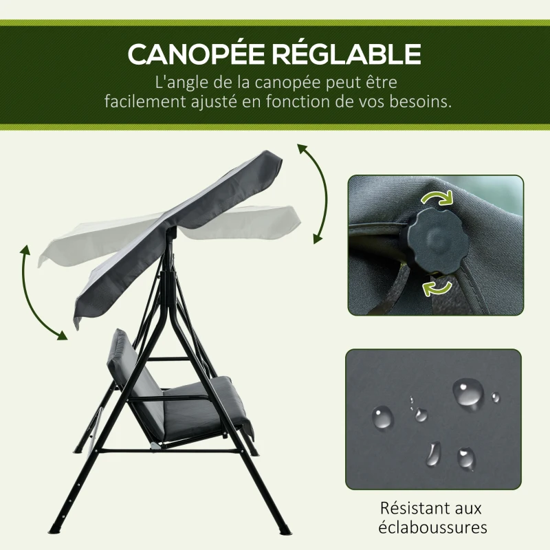 Outsunny Balancelle de Jardin 3 Places Toit Inclinaison réglable Coussins Assise et Dossier Acier Noir Polyester Gris