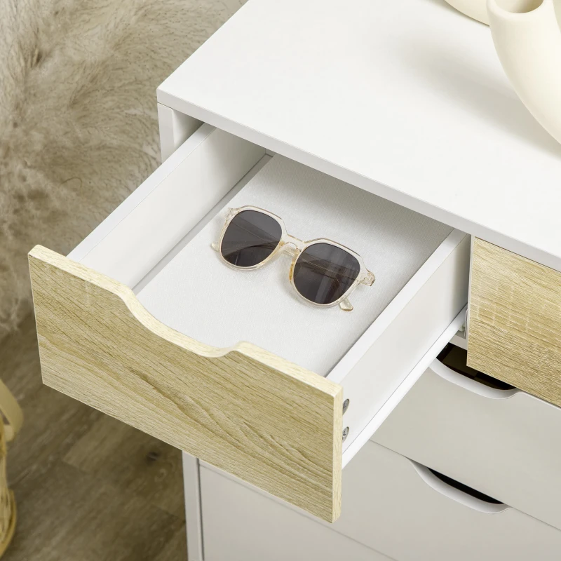 HOMCOM Kommode, Schrank, 5 Schubladen, Kippschutz, modernes Design, Kiefernholz, weiß+hellbraun, 60 x 40 x 77,5cm