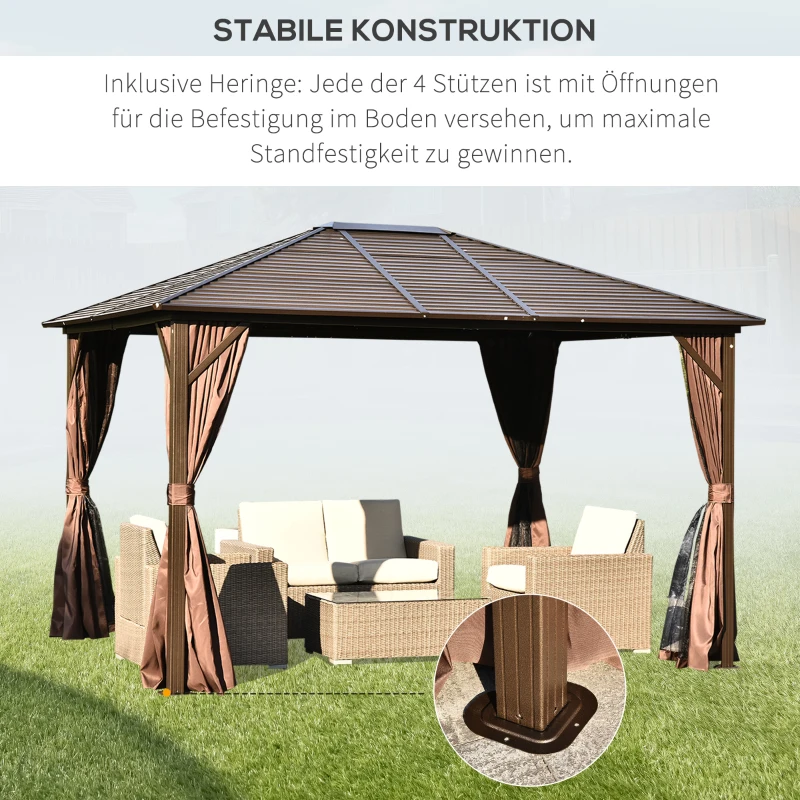 Outsunny Gartenpavillon mit Metalldach, 3 x 3,7 x 2,6m, 4 Vorhänge, wetterfest, Aluminium, braun
