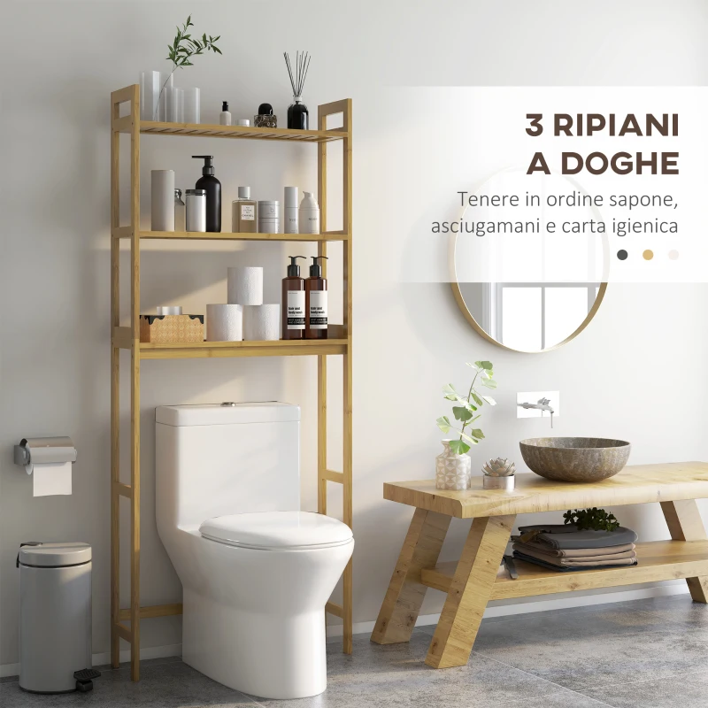 kleankin Mobile Sopra WC Salvaspazio a 3 Ripiani Aperti a Doghe, in Bambù, 68x20x165 cm, color Bambù