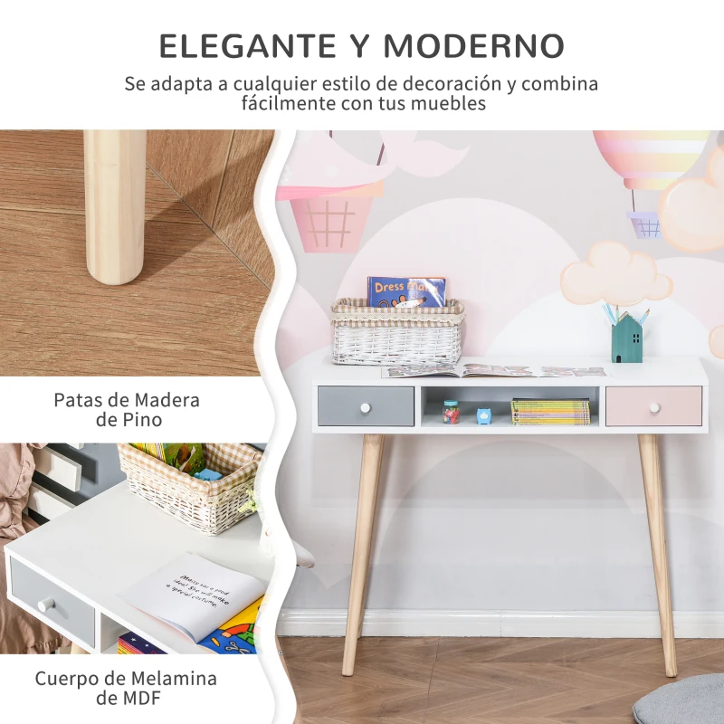 HOMCOM Mesa de Escritorio Infantil Mesa Consola con 1 Compartimento Abierto y 2 Cajones Estilo Nórdico para Estudio Entrada Dormitorio 100x48x76,5 cm Multicolor
