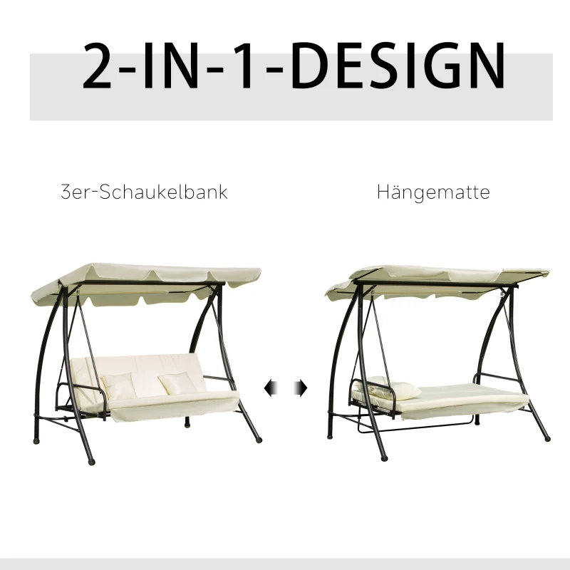 Outsunny Hollywoodschaukel Gartenschaukel Schaukel Schaukelbank mit Liege-Funktion, 3 Sitzer, Metall+Polyester, Weiß, 200 x 125 x 170 cm