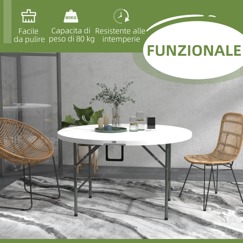 Outsunny Tavolo Pieghevole per Giardino e Campeggio, in Acciaio e HDPE, Ø122x73 cm, Grigio e Bianco