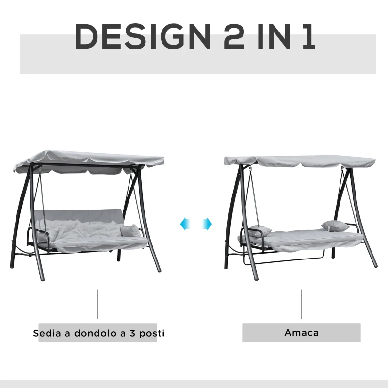 Outsunny Dondolo da Giardino 3 Posti con Tetto Reclinabile Trasformabile Letto in Poliestere Crema 209cm x 114cm x 170cm