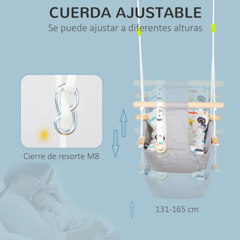 Outsunny Columpio para Bebé Columpio de Madera Infantil con Altura Ajustable Cojín Acolchado y Cinturón de Seguridad para Interior Exterior Carga Máx. 80 kg 70x45x160 cm Gris