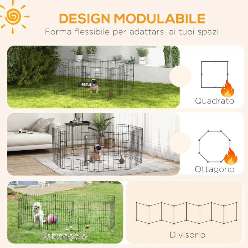 PawHut Recinto per Cani da Esterno e Interno con 8 Pannelli a Rete e Porta, 61 x 61cm, Nero