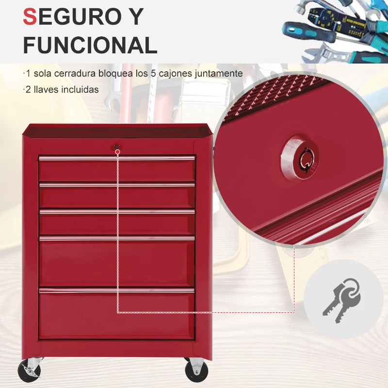 HOMCOM Carro de Herramientas para Taller con Ruedas 5 Cajones Armario con Cierre y Asa Lateral 61,5x33x82,5 cm Rojo