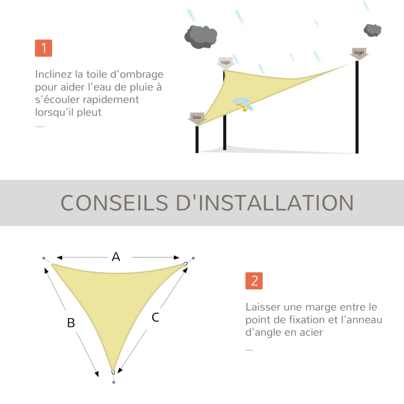 Outsunny Voile d'ombrage Triangulaire Grande Taille 6 x 6 x 6 m Polyester imperméabilisé Haute densité 160 g/m² Sable