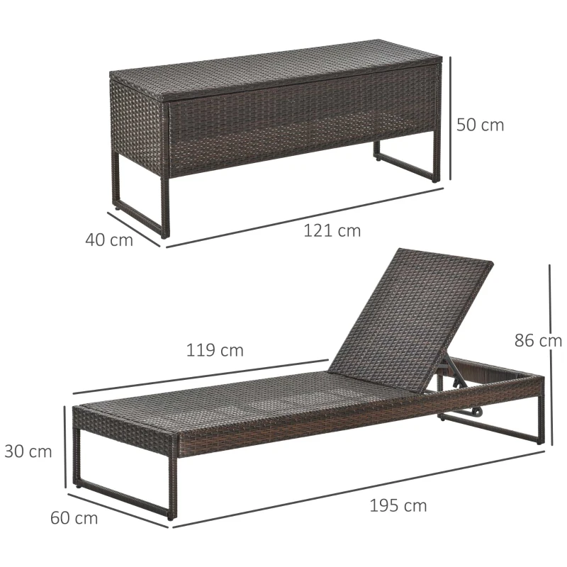 Outsunny 3pz Componibile 2 Lettino Prendisole da Giardino (60 x 195 x 86cm) e 1 Tavolino (121 x 40 x 50cm) Rattan con Materassini, Marrone e Bianco Crema