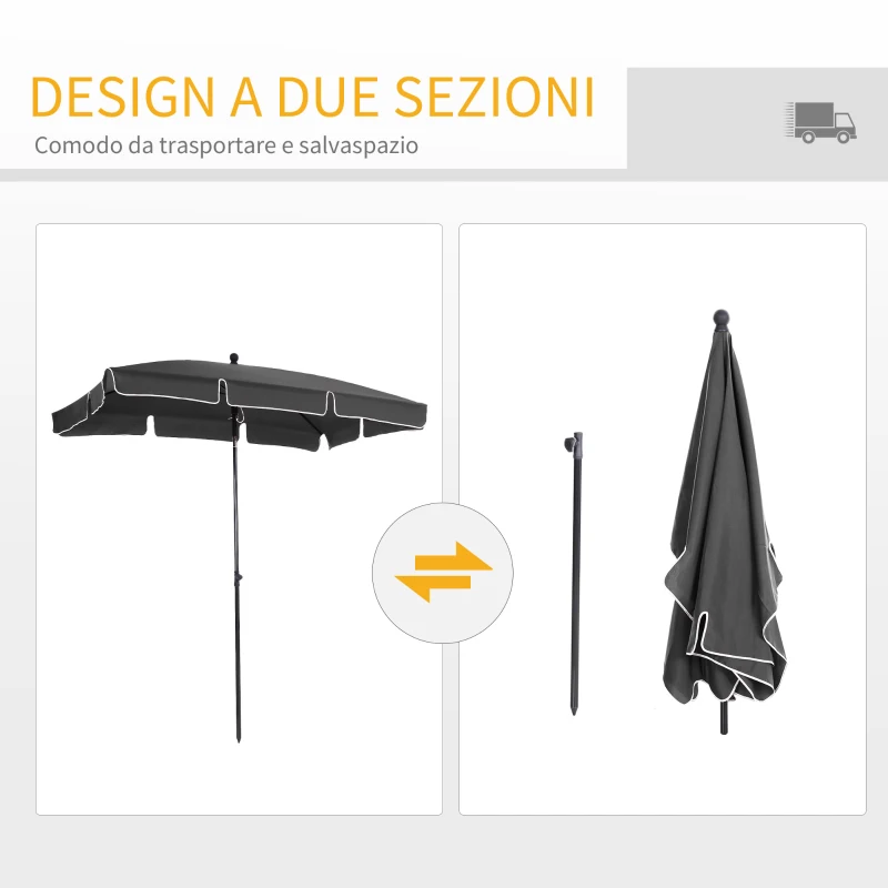 Outsunny Ombrellone da Giardino Rettangolare 2x1.3 m con Inclinazione Regolabile e Palo in Alluminio, Grigio e Nero