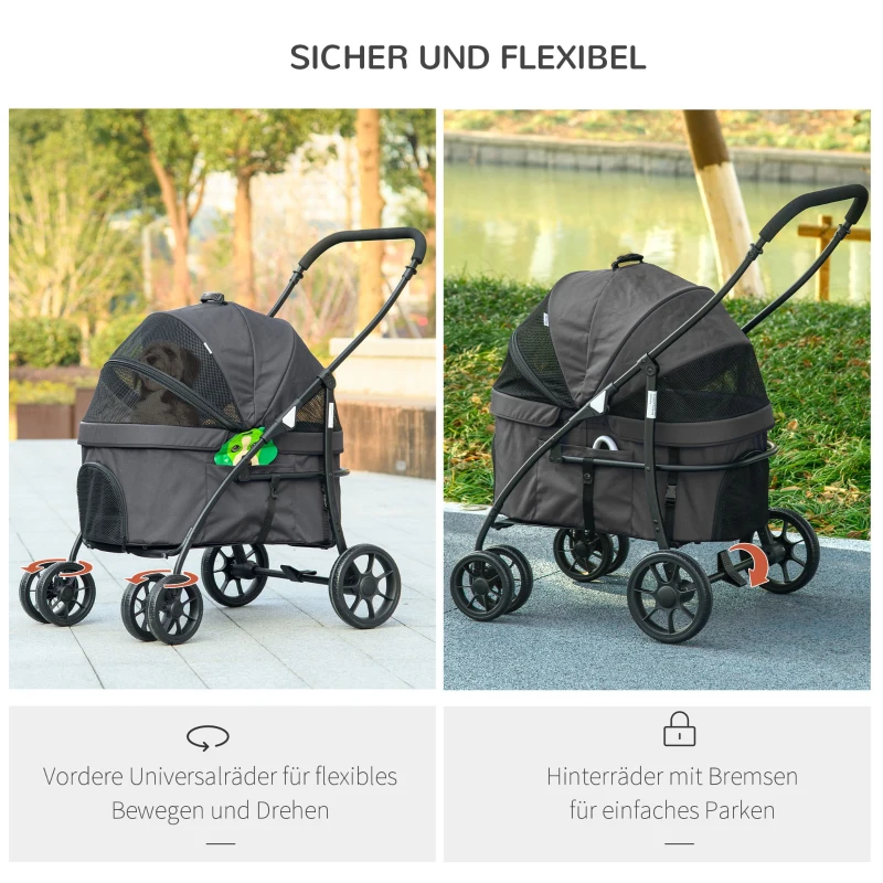 PawHut Hundebuggy Haustierwagen, klappbar, Regenschutz, 2 Sicherheitsleinen, 81x 68 x 98,5 cm, Dunkelgrau