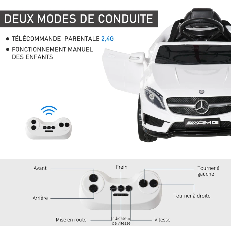 HOMCOM Voiture électrique Mercedes Benz GLA pour enfant de 3 ans avec télécommande, MP3 USB, lumières et sons, ouverture de portes, charge maxi 30 kg, dimensions 100 x 58 x 46 cm blanc