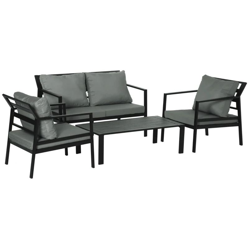 Outsunny Ensemble salon de jardin 4 pièces canapé 2 places + 2 fauteuils + table basse plateau à lattes 8 coussins rembourrage épais déhoussables aluminium gris noir