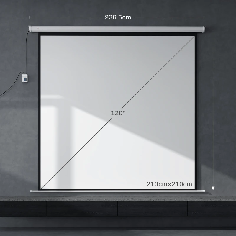 HOMCOM Telo Proiettore Motorizzato da 120" con Telecomando, in Plastica e Metallo, 236.5x8x236.5 cm, Bianco