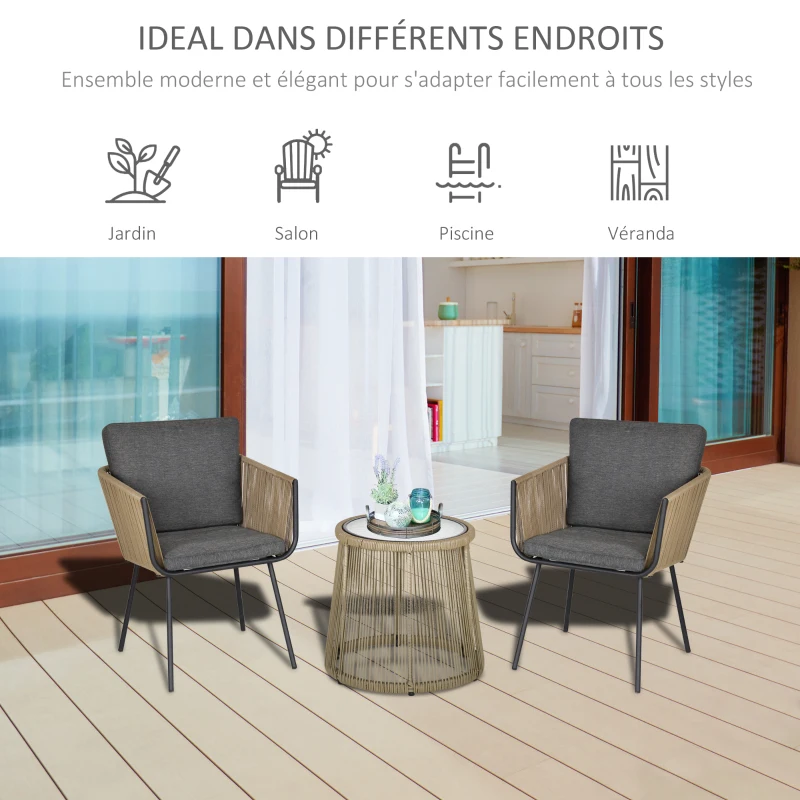 Outsunny Ensemble salon de jardin 3 pièces style colonial 2 fauteuils avec coussins gris + table basse résine filaire beige acier époxy noir