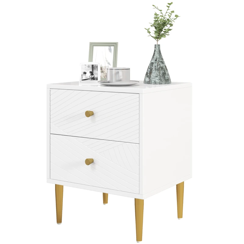 HOMCOM Elegant Two-Drawer Bedside Table - White/Gold-Tone